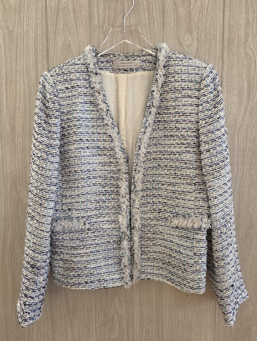Tahari Aethur S. Levine Tweed Blue Srudded Jacket Blazer Size 12